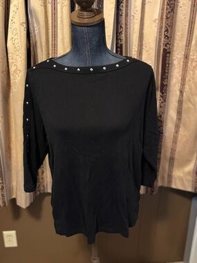Karen Scott Black Boatneck Long Sleeve Top with Stud Trim